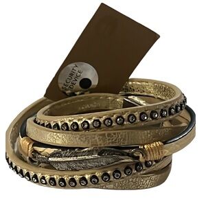 NWT Buckle Gold Neutral Leather Wrapped Feather Wrap Bracelet with Crystals